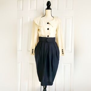 Vintage Richard Warren Womens Linen Blend Pleated Belted Cream And Black Dress